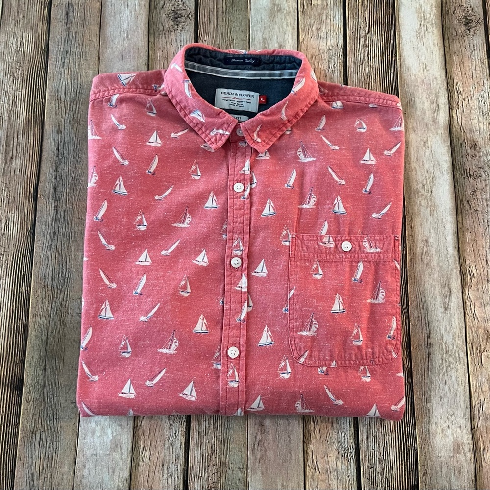 Denim & Flower mens short sleeve sailboat printed button down shirt | size XL - Picture 9 of 11